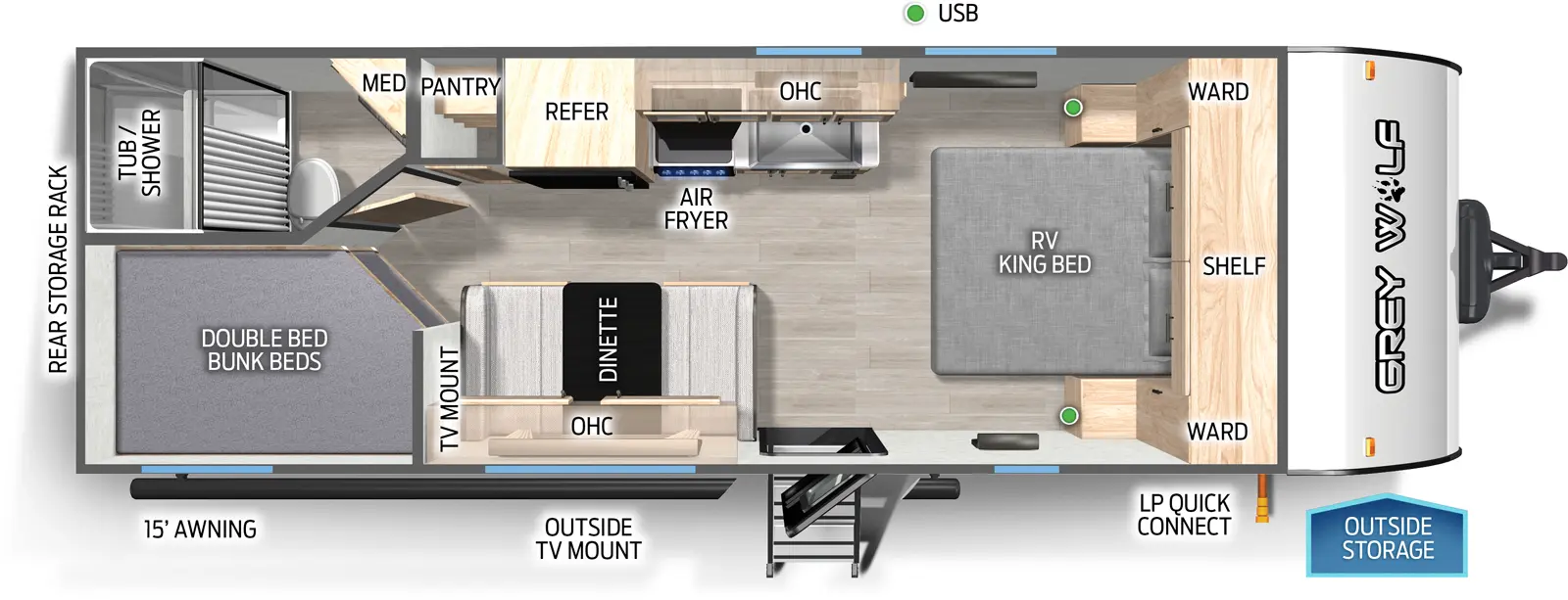 The Cherokee Black Label 22MKSEBL floorplan has one entry and zero slide outs. Exterior features include: fiberglass exterior and 15' awning. Interiors features include: bunk beds and front bedroom.